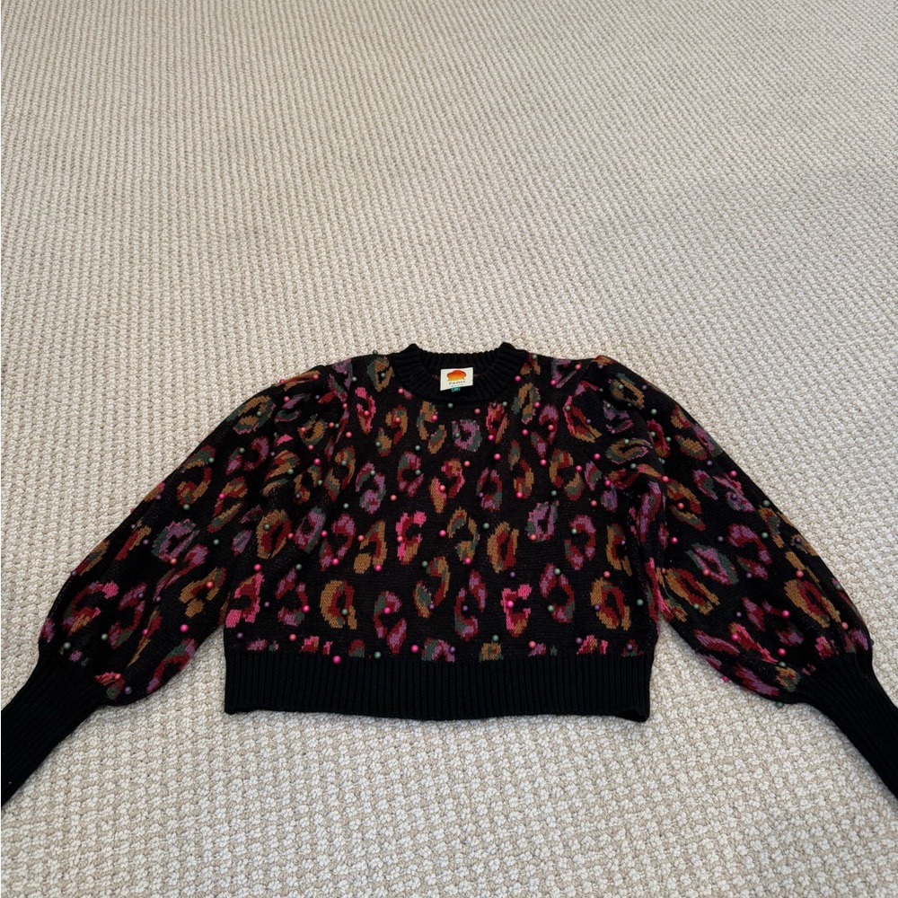 Farm Rio Women's Black and Pink Patterned Sweater